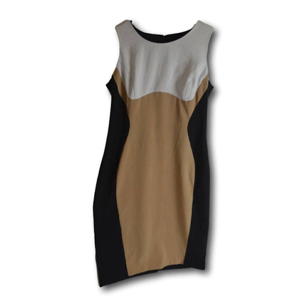 Ronni Nicole Office Taupe Black Colorblock Fitted Slimming Dress 8